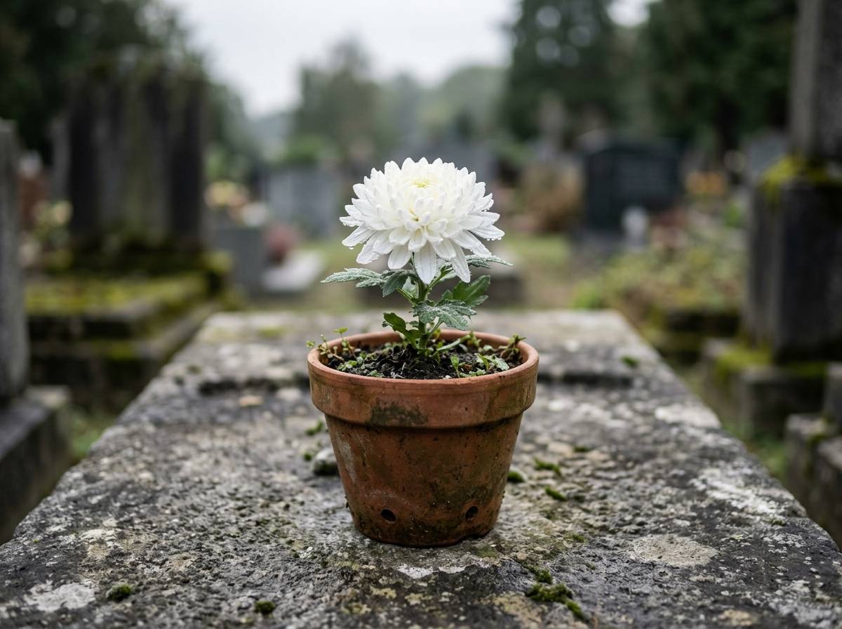 Chryzantema jako kwiat żałobny stawiany na grobach w Europie