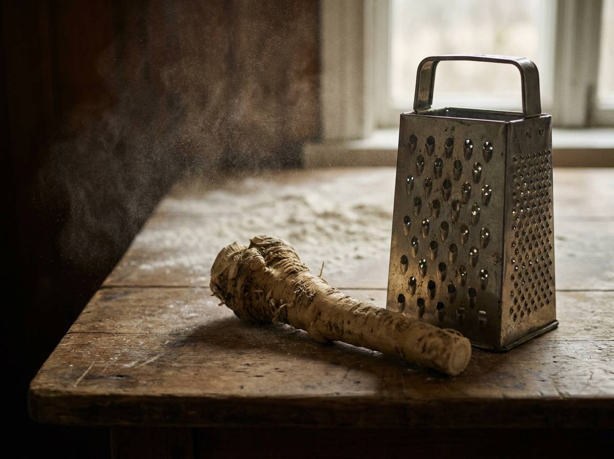 Korzeń chrzanu wielkanocnego leżący na drewnianym stole obok tarki