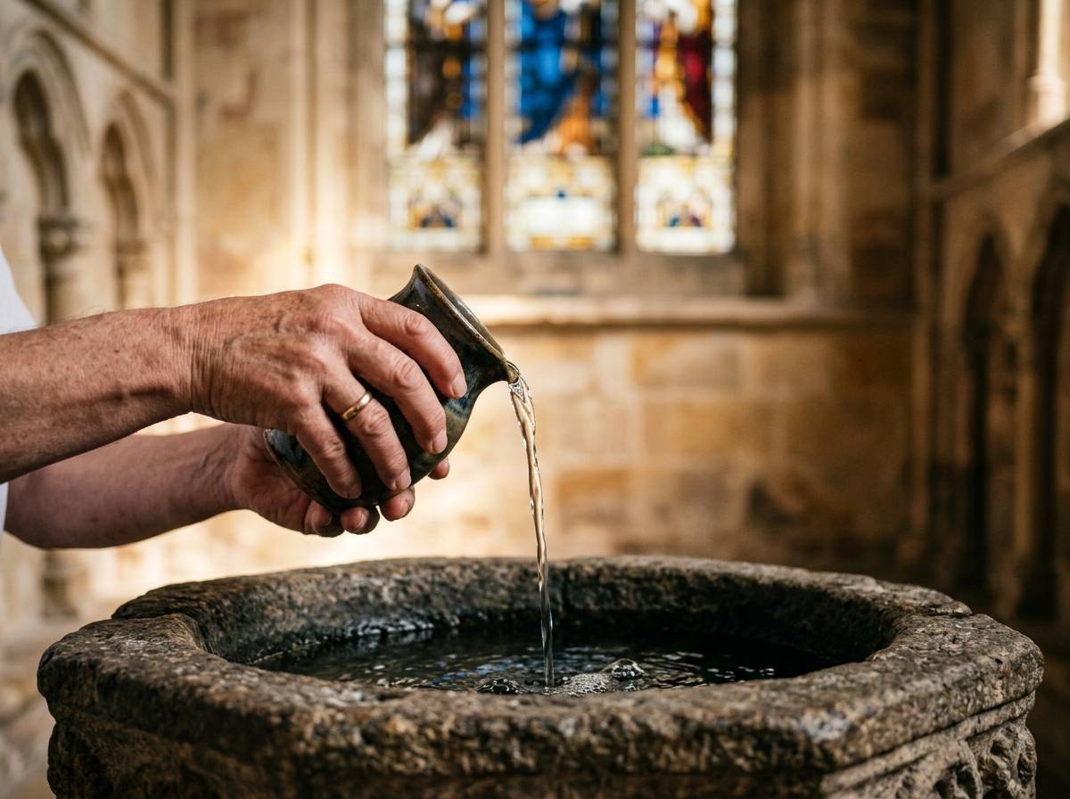 Woda spływająca z dłoni do kamiennej misy chrzcielnej, symbol wody jako obrzędu oczyszczenia w chrzcie