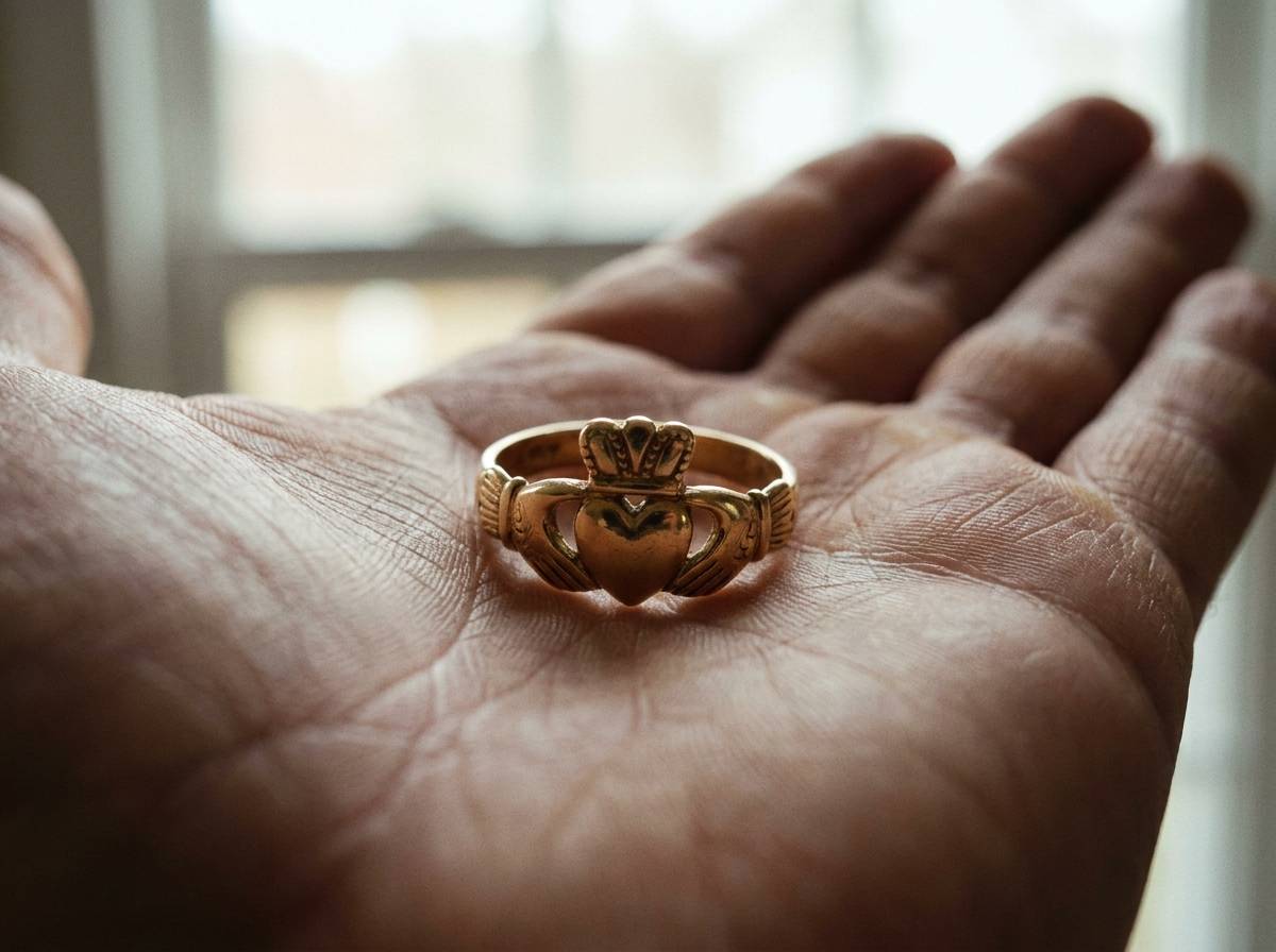Złoty pierścień Claddagh z dwiema dłońmi trzymającymi ukoronowane serce, widoczny na otwartej dłoni