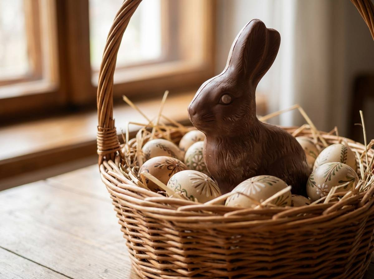 Czekoladowa figurka zajączka wielkanocnego ukryta wśród pisanek w wiklinowym koszyczku na Śląsku