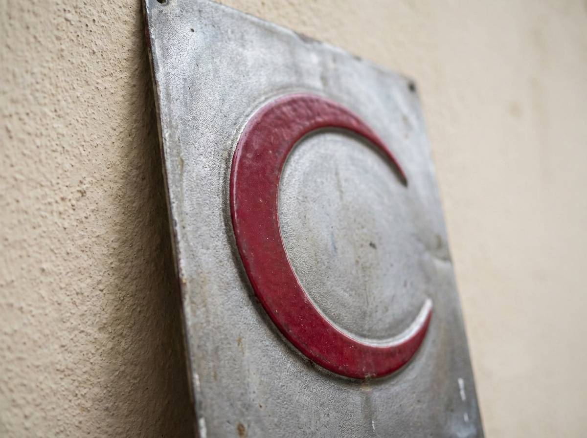 Czerwony półksiężyc wytłoczony na metalowej tabliczce, formalny odpowiednik czerwonego krzyża.