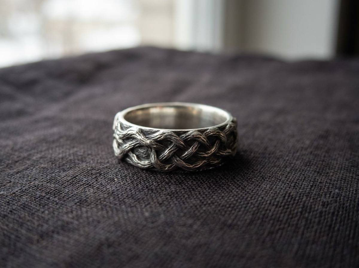 Splecione linie Dara Knot przypominające korzenie dębu, wygrawerowane na srebrnym pierścieniu