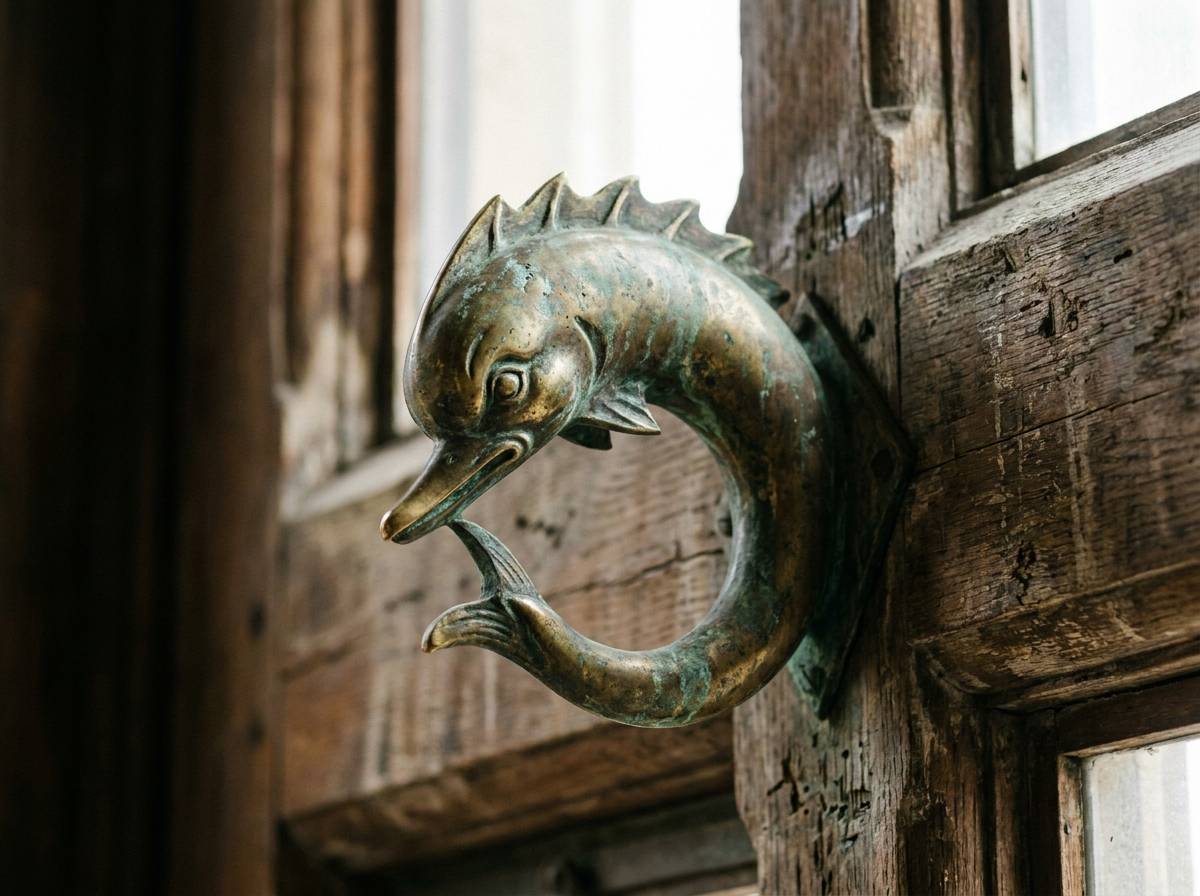 Heraldycznie stylizowany delfin z ciałem w kształcie litery C, wykuty w patynowanym mosiądzu