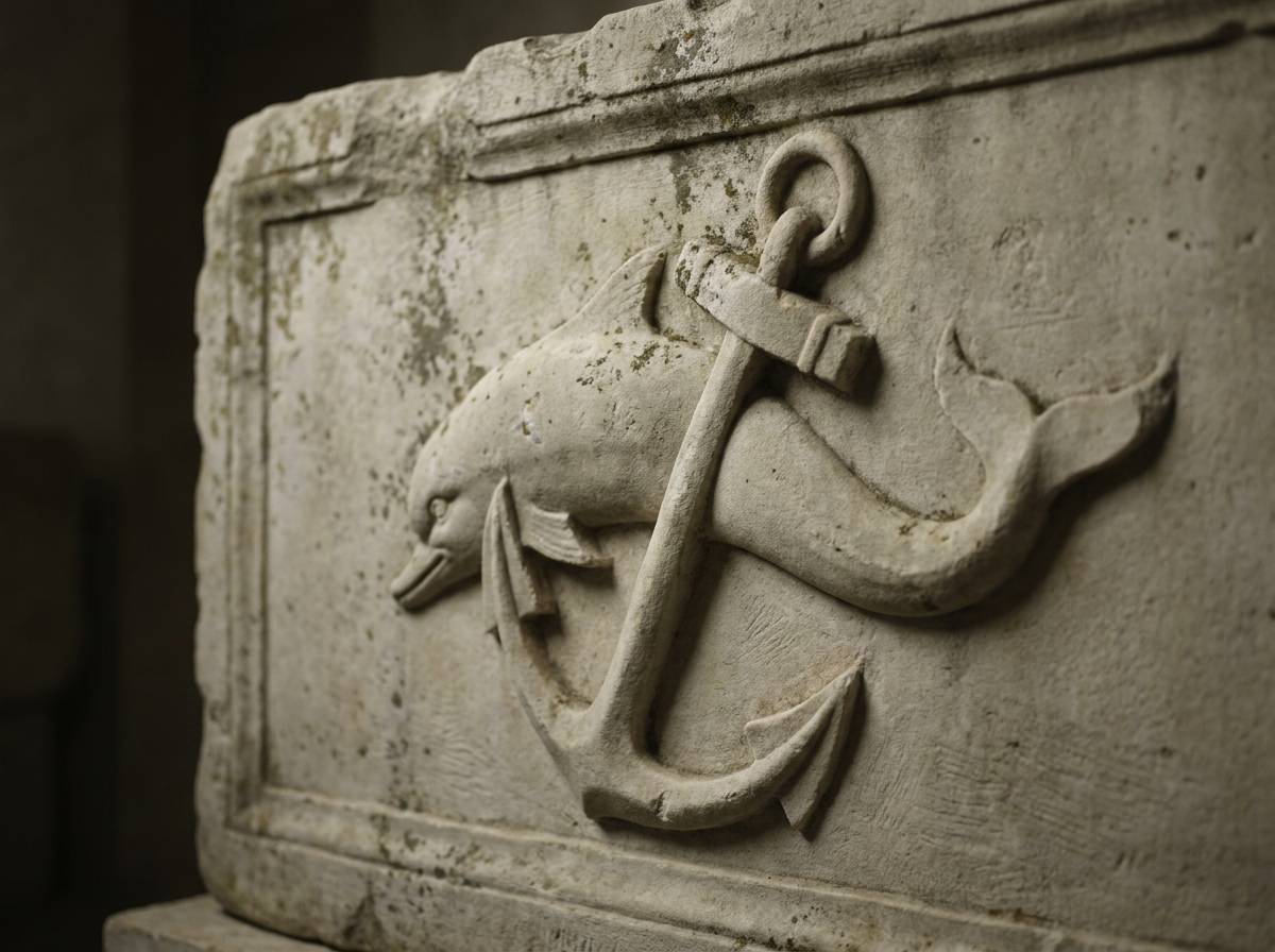 Delfin oplatający kotwicę, wyryty w kamieniu jako wczesnochrześcijański symbol nadziei na zmartwychwstanie