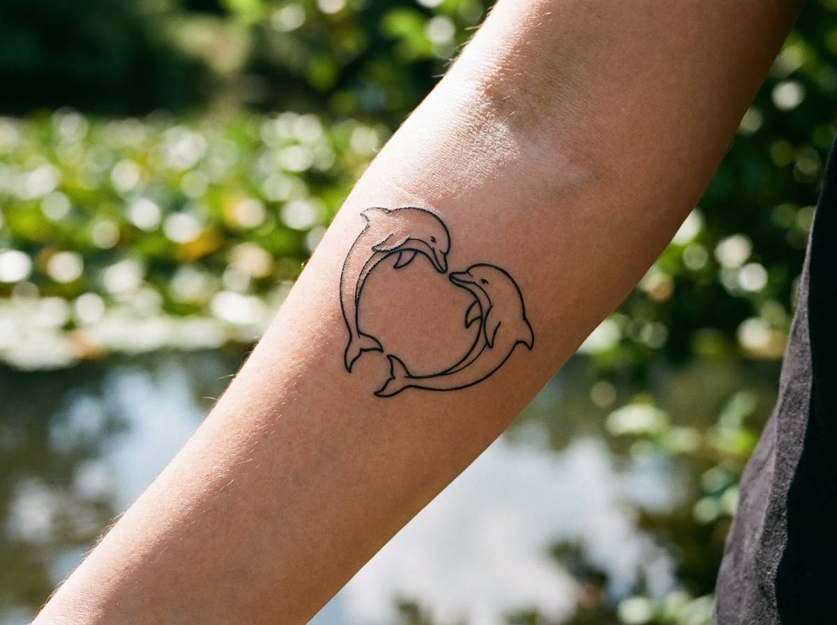Dwa delfiny tworzące kształt serca, wytatuowane na przedramieniu jako symbol trwałej więzi