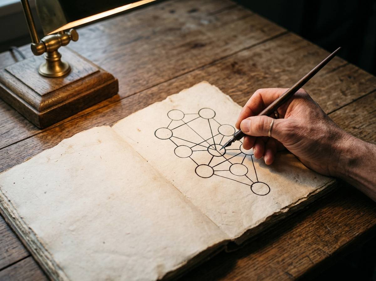 Diagram dziesięciu połączonych okręgów rysowany tuszem na papierze, drzewo życia