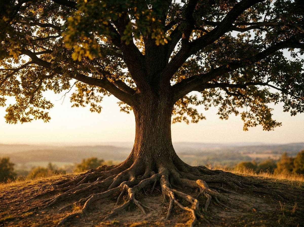 Samotne drzewo z widocznymi korzeniami, pniem i koroną - symbol drzewa życia o zachodzie słońca
