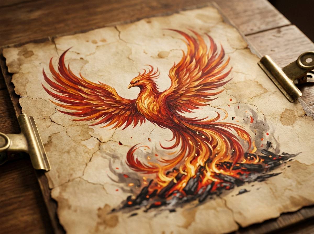 Feniks nad żarzącym popiołem, symbol odrodzenia i nieśmiertelności w trzech tradycjach