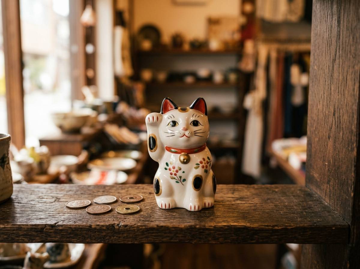 Ceramiczna figurka kota z uniesioną łapką na drewnianej półce sklepowej