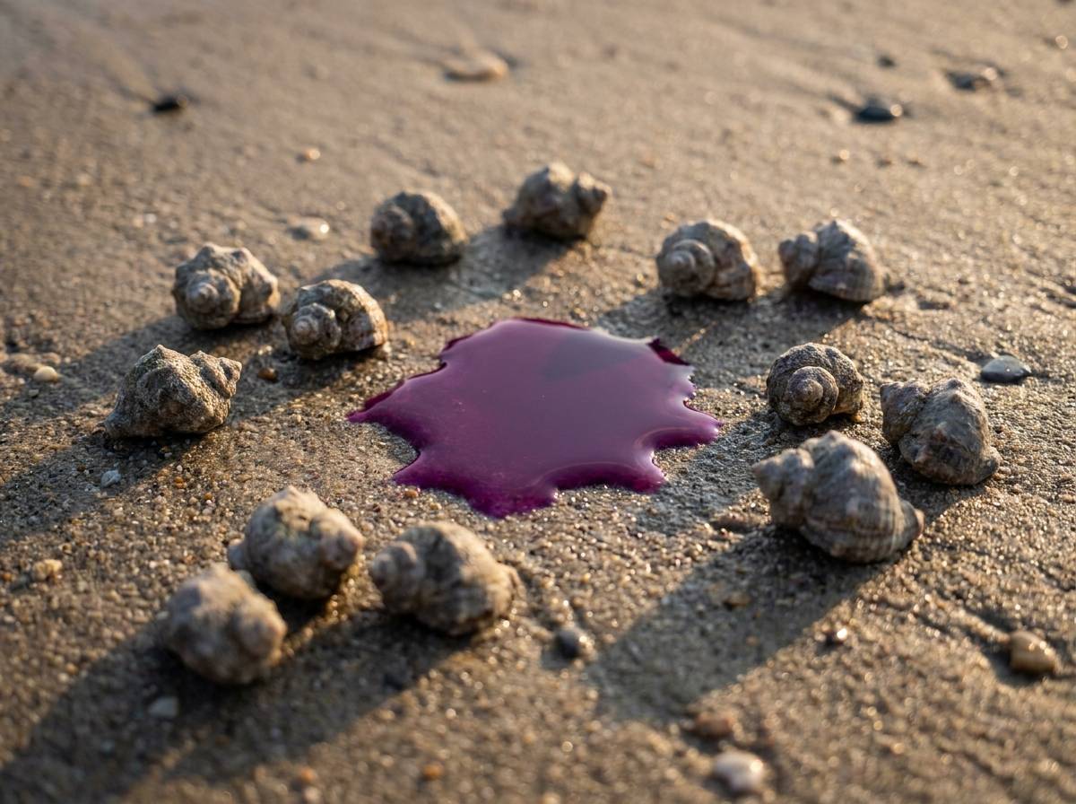 Muszle morskich ślimaków i fioletowy barwnik nawiązujące do purpury i symboliki koloru fioletowego.