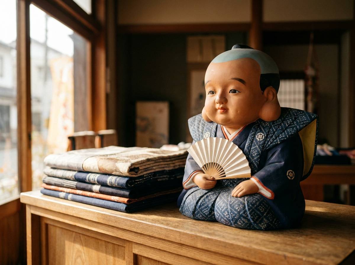 Siedząca figurka fukusuke z wachlarzem w tradycyjnym kimonie na kontuarze sklepu