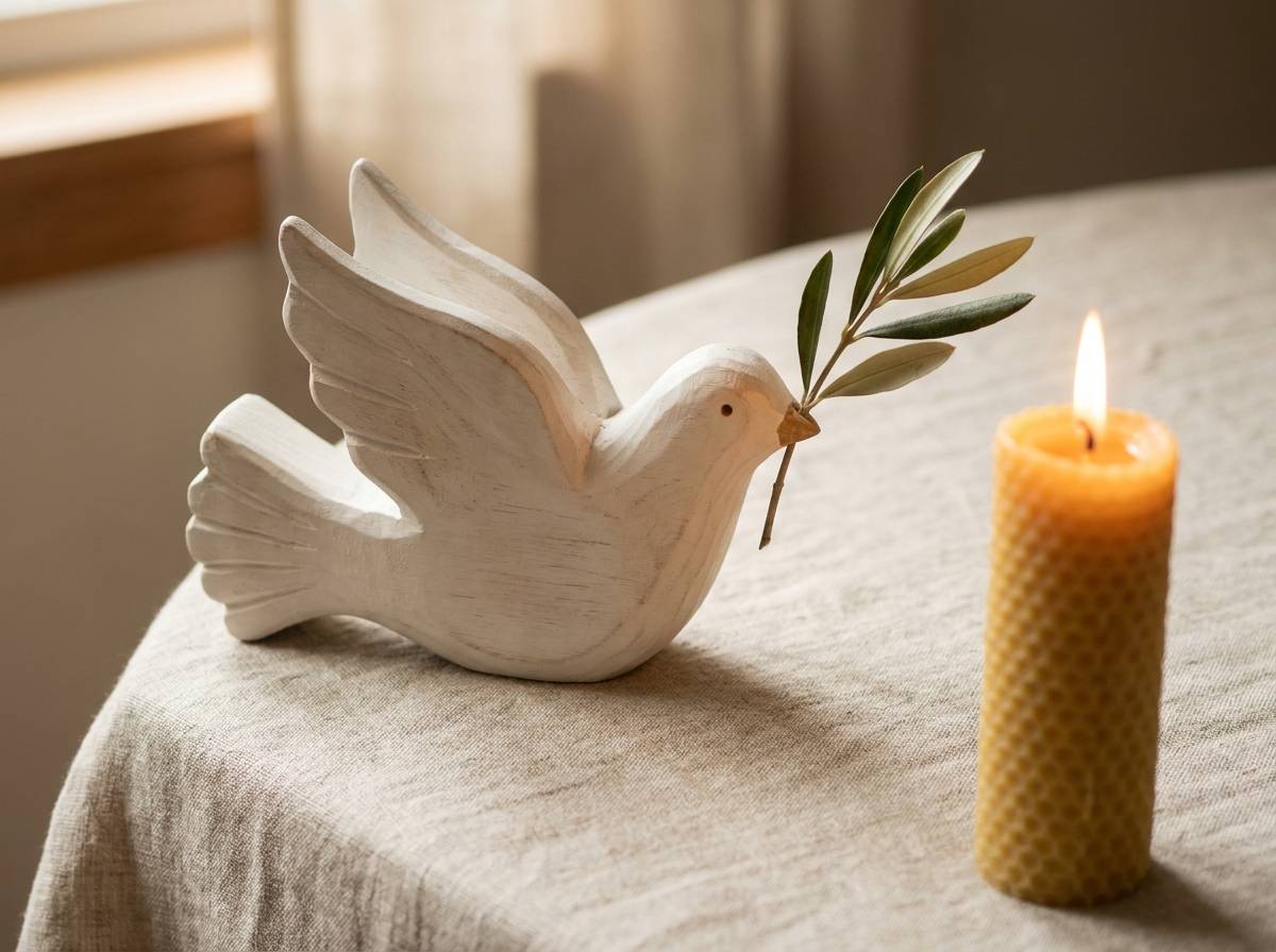 Drewniana rzeźba gołębia z gałązką oliwną, symbol pokoju i odnowionego przymierza