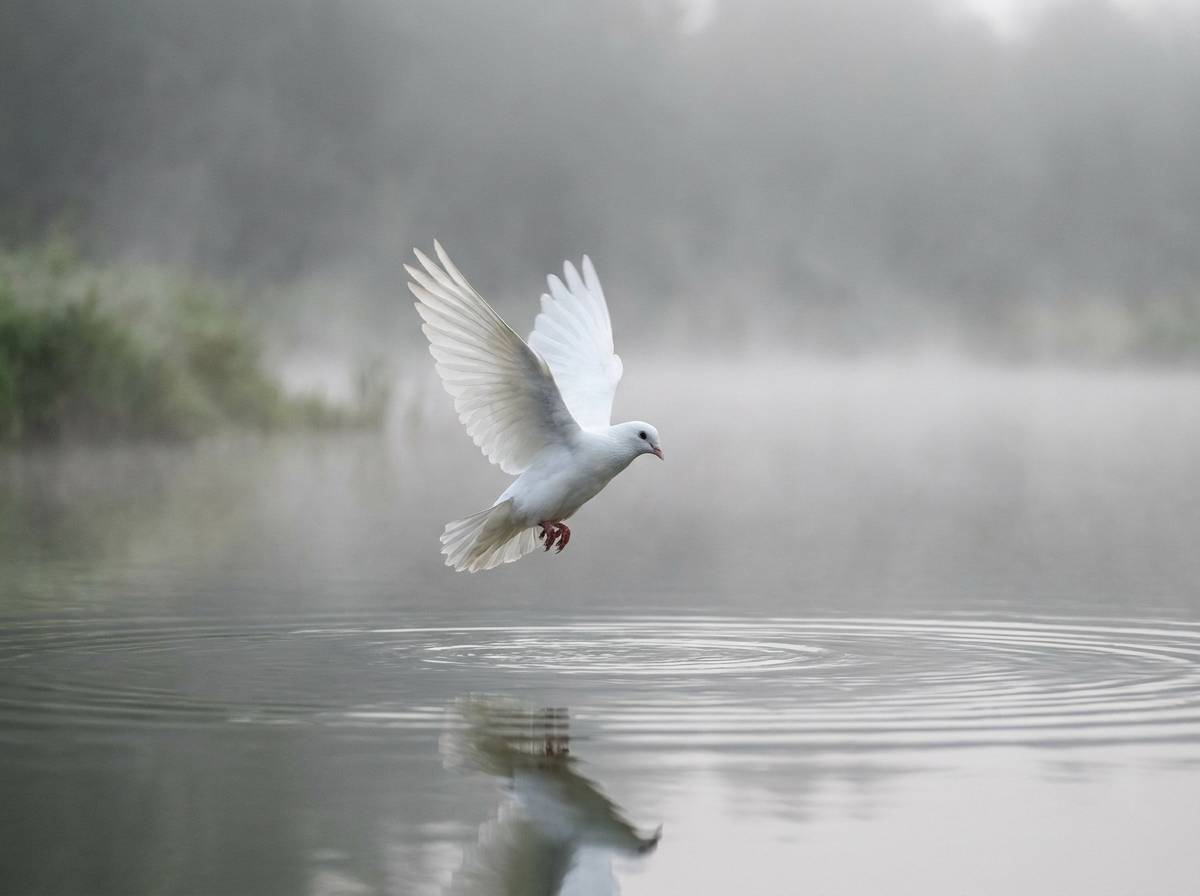 Gołębica zniżająca lot nad taflą rzeki, symbol zstąpienia Ducha