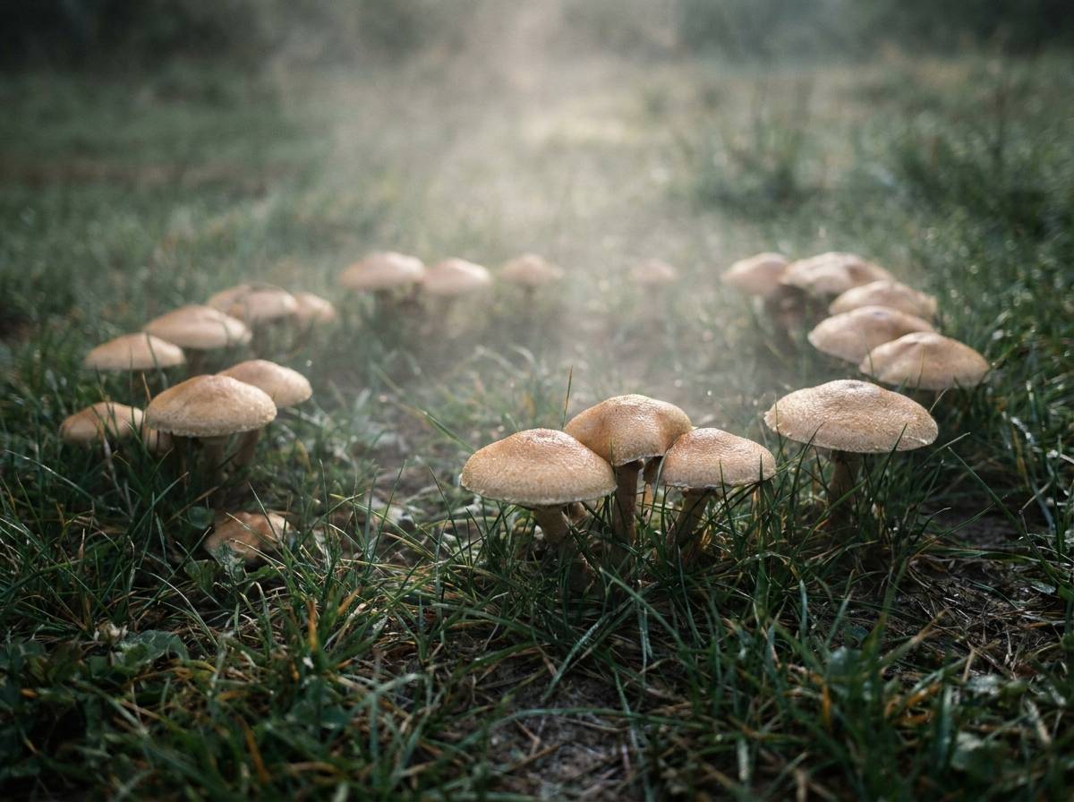 Pierścień jesiennych grzybów rosnących na wilgotnej trawie leśnej polany.