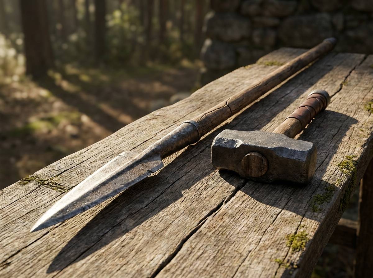 Włócznia Gungnir obok krótkiego młota ułożone razem na drewnianej desce
