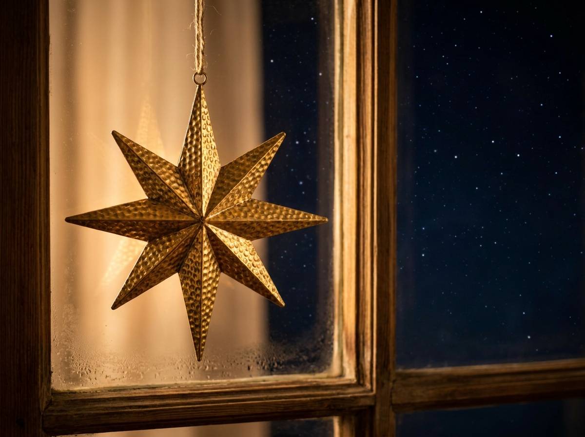 Złocona gwiazda betlejemska zawieszona w oknie na tle nocnego nieba
