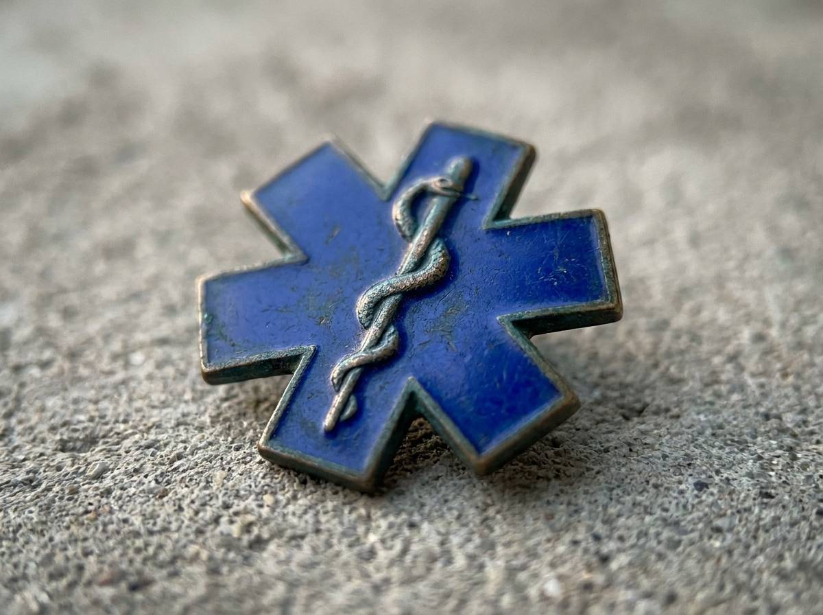 Niebieska sześcioramienna gwiazda z wężem pośrodku, gwiazda życia jako znak ratownictwa medycznego.