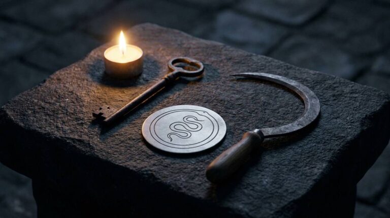 Cztery atrybuty Hekate – pochodnia, klucz, krążek z wężową linią i sierp – ułożone na kamiennym blacie