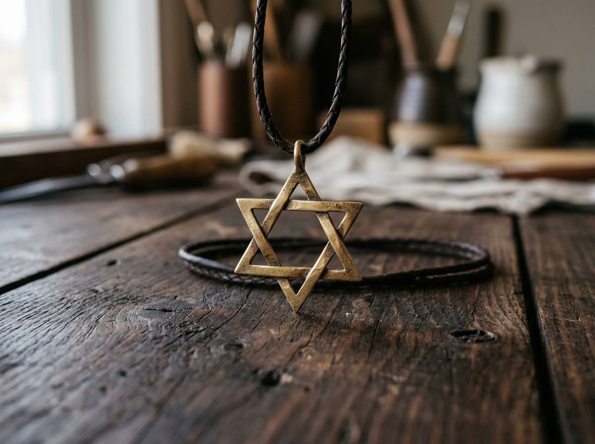 Heksagram złożony z dwóch splecionych trójkątów jako mosiężny wisiorek na skórzanym rzemieniu