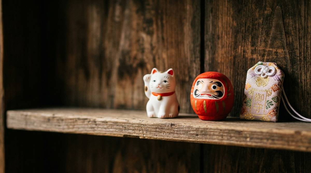 Zestaw japońskich talizmanów szczęścia – figurka kota, lalka daruma i woreczek omamori na drewnianej półce
