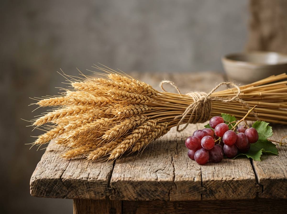 Pęk kłosów pszenicy związany z kiścią winogron jako znak eucharystyczny