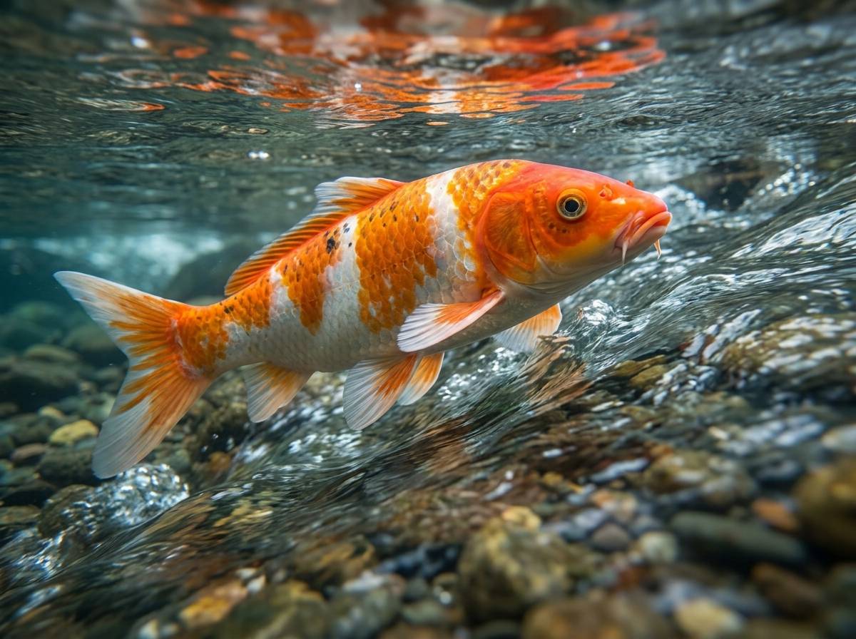 Karp koi w barwach pomarańczy i bieli płynący pod prąd w strumieniu