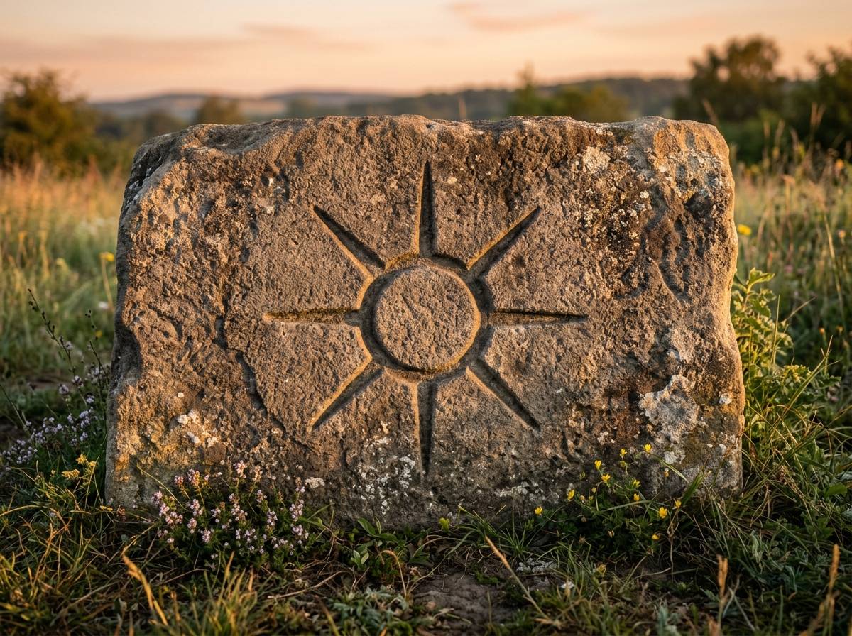 Koło słoneczne wyryte w kamieniu jako dawny symbol kultu słońca i ognia