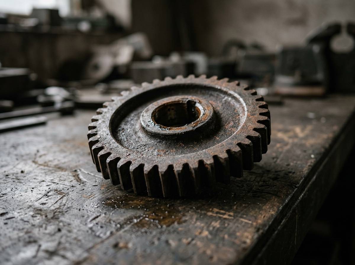 Zardzewiałe koło zębate jako symbol pracy przemysłowej i mechanizacji