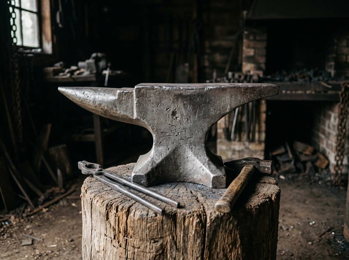 Stalowe kowadło z kowalskimi szczypcami jako symbol pracy i przemiany materiału