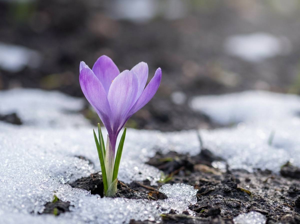 Fioletowy krokus przebijający się spod topniejącego śniegu wczesną wiosną.