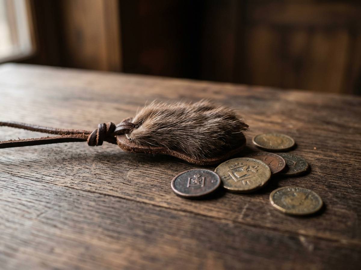Amulet z króliczej łapki na skórzanym rzemyku leżący na drewnianym blacie