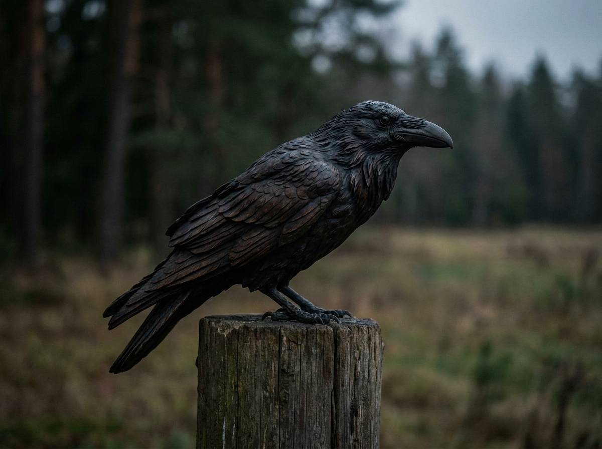 Rzeźbiony kruk na drewnianym słupie, symbol o sprzecznych znaczeniach w różnych tradycjach