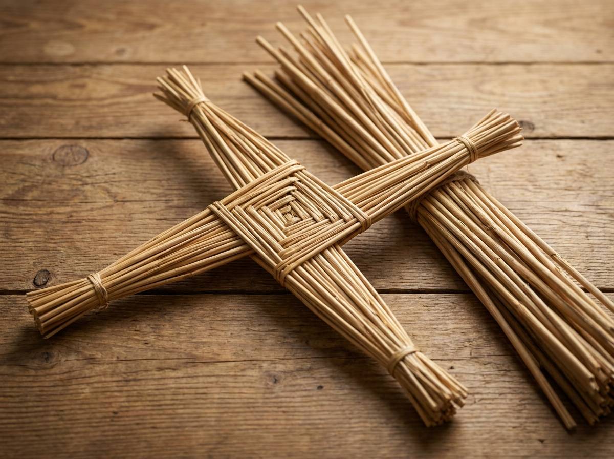 Wypleciony ze słomy krzyż świętej Brygidy z czterema romboidalnymi ramionami na drewnianym stole