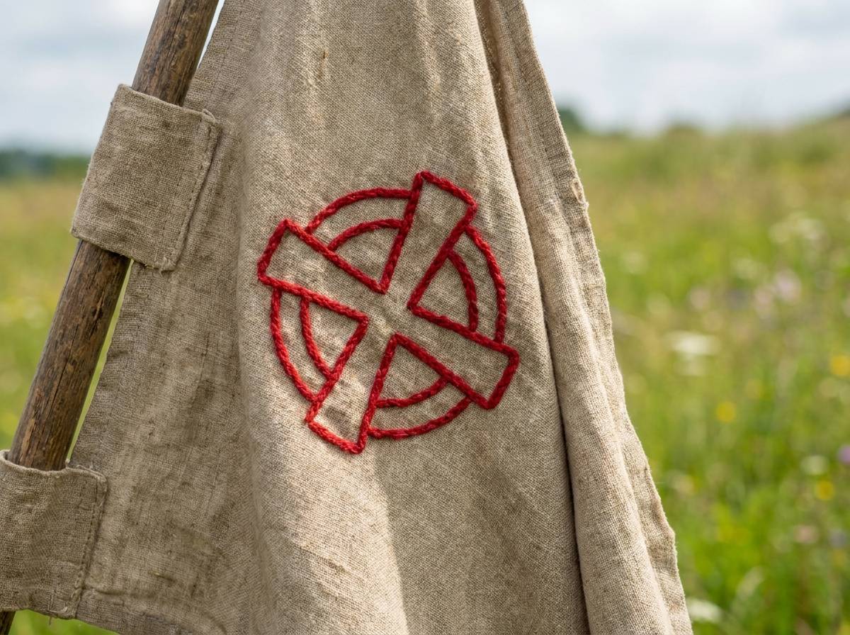 Haftowany krzyż celtycki na płótnie flagi zwisającej na tle zielonej łąki