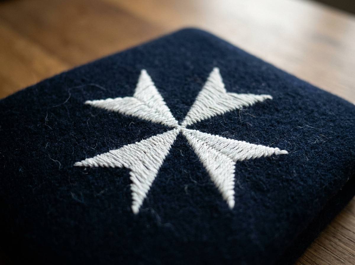 Ośmioramienny krzyż z rozdwojonymi końcami ramion, krzyż maltański jako odznaka służb ratunkowych.