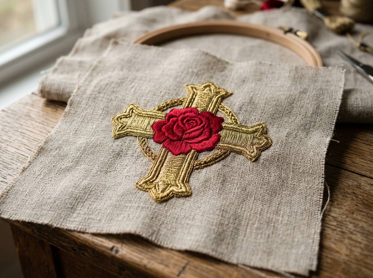 Róża wpisana w krzyż wyhaftowana nicią na lnianej tkaninie
