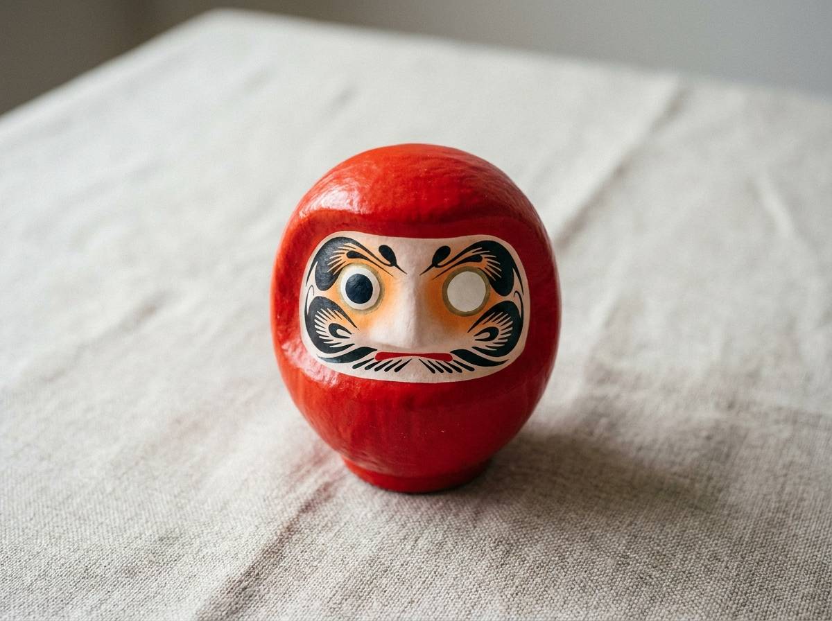 Czerwona lalka daruma z jednym pomalowanym okiem stojąca na lnianym obrusie