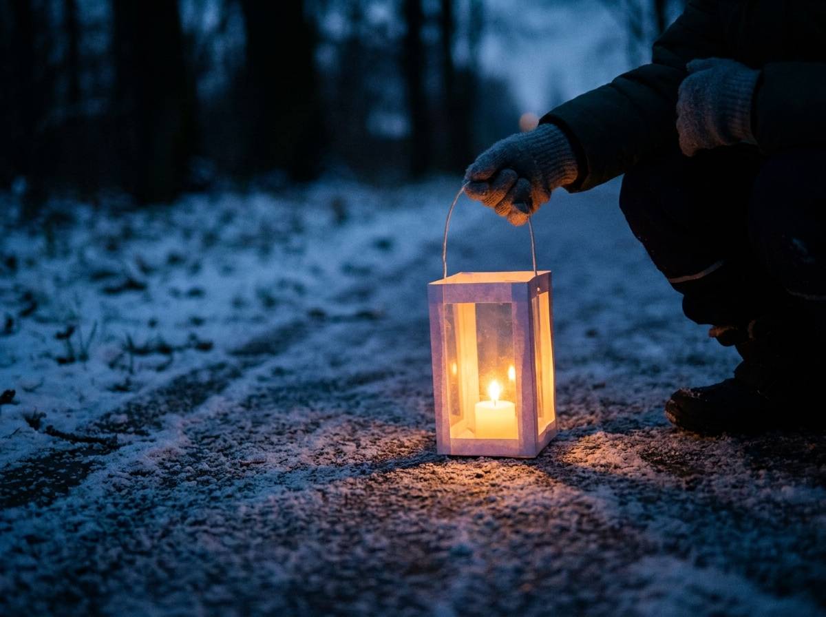 Lampion adwentowy niesiony w dłoni dziecka podczas porannego przejścia do kościoła