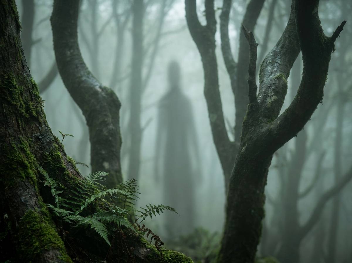Mglisty las o świcie z długim cieniem między drzewami, sceneria kojarzona z leśnym duchem Leszym.