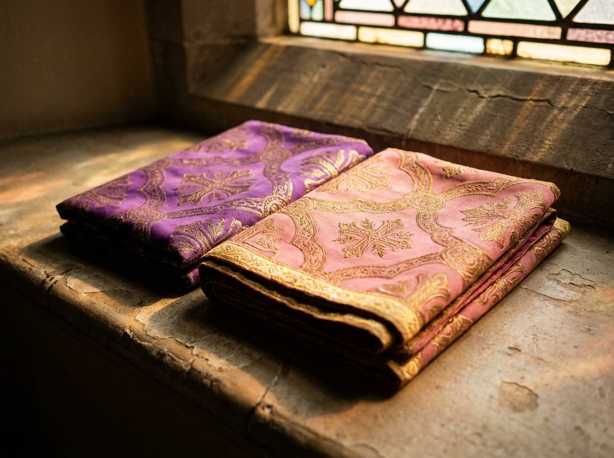 Fioletowa i różowa tkanina symbolizująca liturgiczne kolory adwentu w Kościele katolickim