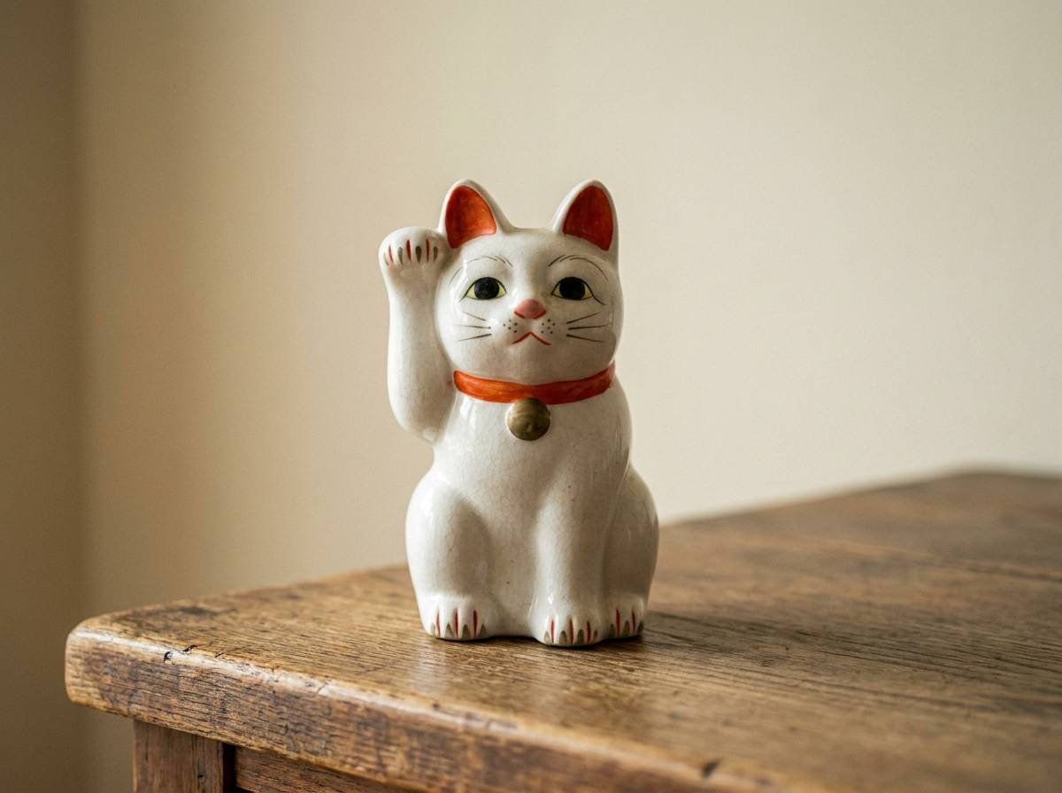Biała figurka kota maneki-neko z uniesioną łapą na drewnianym kontuarze