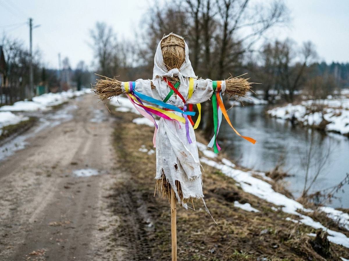 Słomiana kukła Marzanny w białym płótnie nad brzegiem rzeki, symbol pożegnania zimy