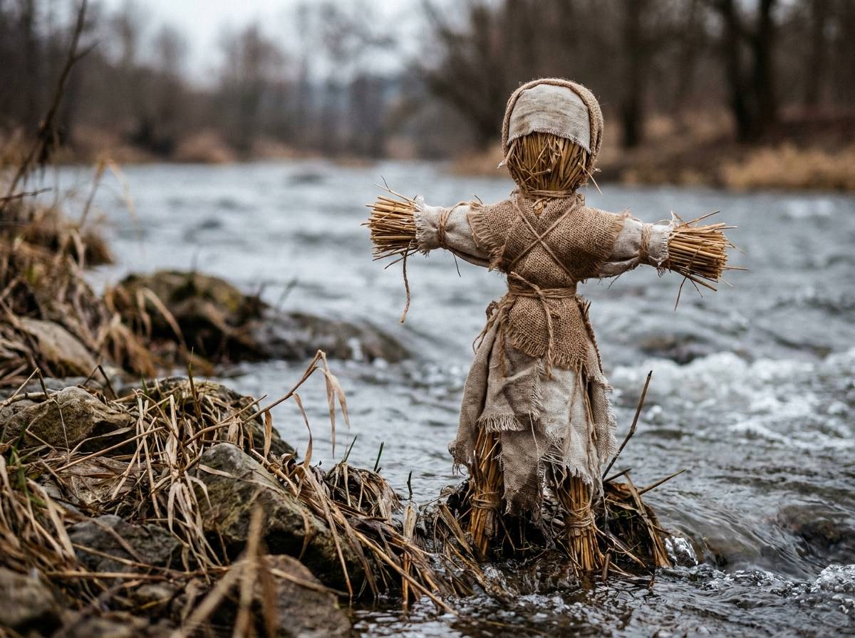 Słomiana kukła Marzanny owinięta płótnem, stojąca nad brzegiem rzeki przed rytualnym zanurzeniem.