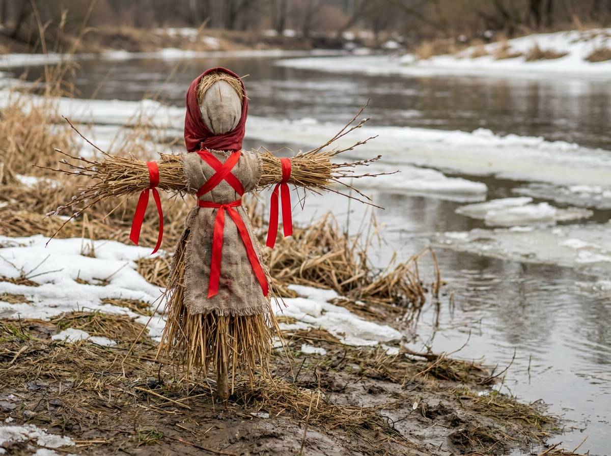 Słomiana kukła Marzanny przewiązana czerwonymi wstążkami nad brzegiem rzeki.