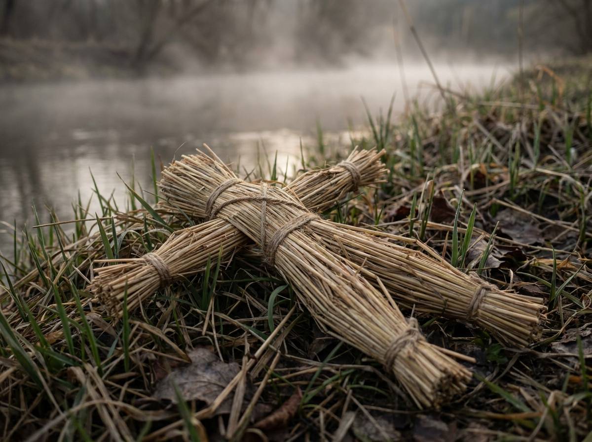Słomiana kukła nad brzegiem rzeki wiosną, symbol Marzanny topionej podczas zrównania dnia z nocą.