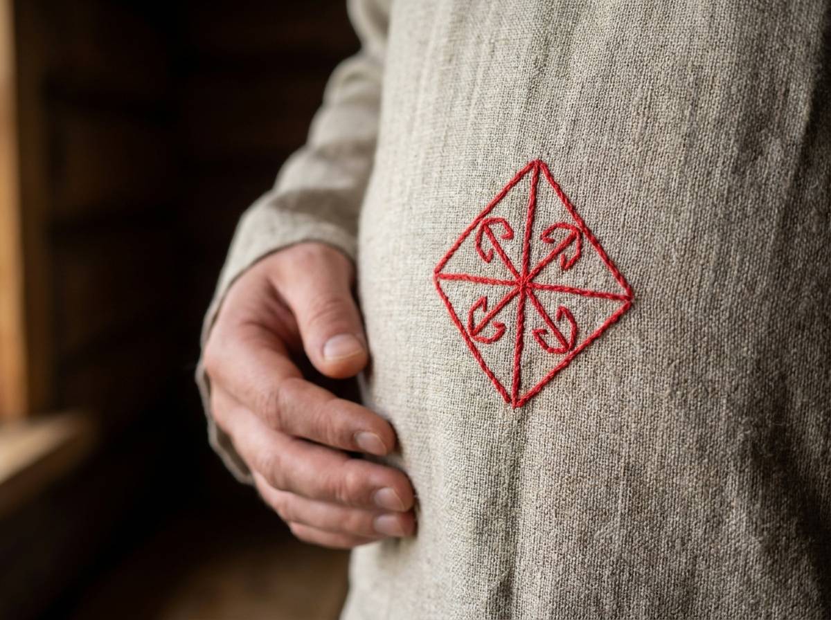 Haftowany na lnianej koszuli w okolicy brzucha symbol Mokoszy w postaci rombu z czerwoną nicią