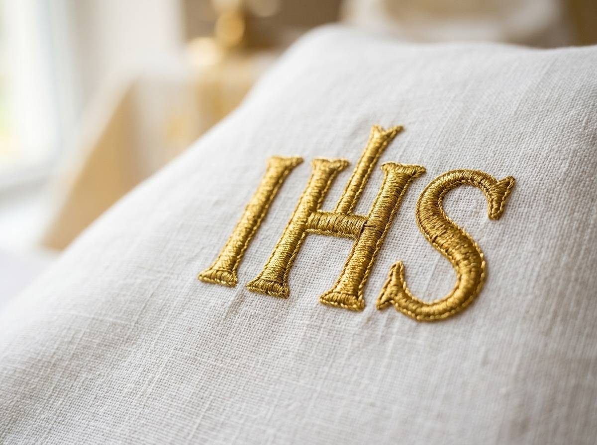 Monogram IHS wyhaftowany złotą nicią na białym lnie