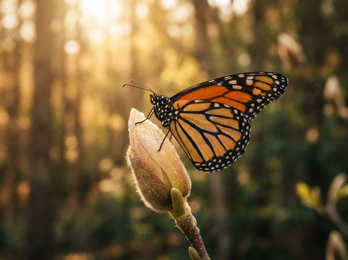 Motyl z rozłożonymi skrzydłami na pąku wiosennego kwiatu, symbol przemiany i odrodzenia.