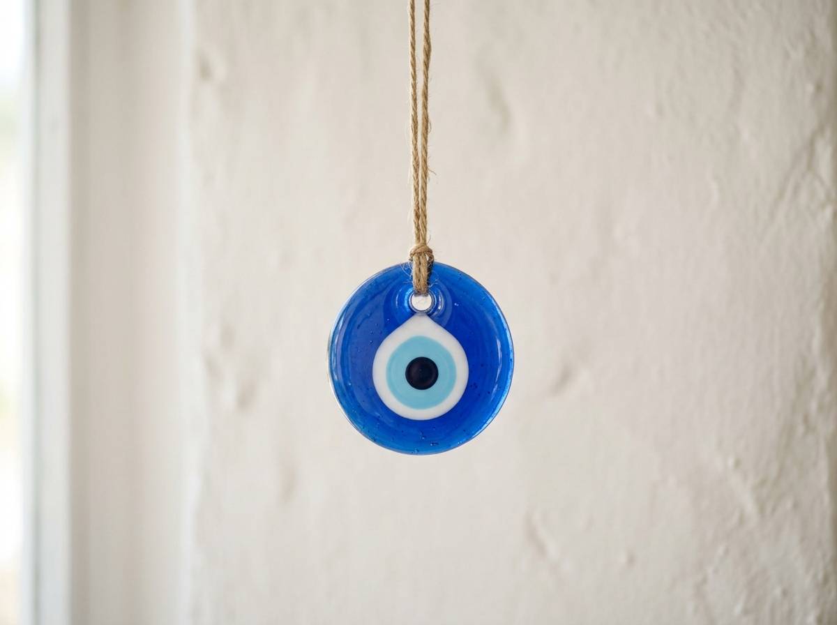 Niebieski amulet nazar z koncentrycznych kręgów zawieszony na sznurku